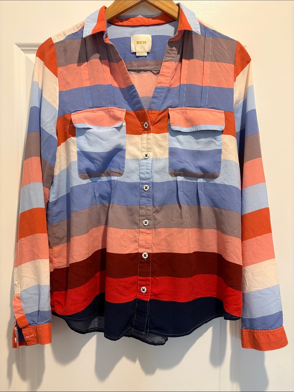 Anthropologie Maeve Multistripe Button-Up Shirt in Coral, Blue & Navy